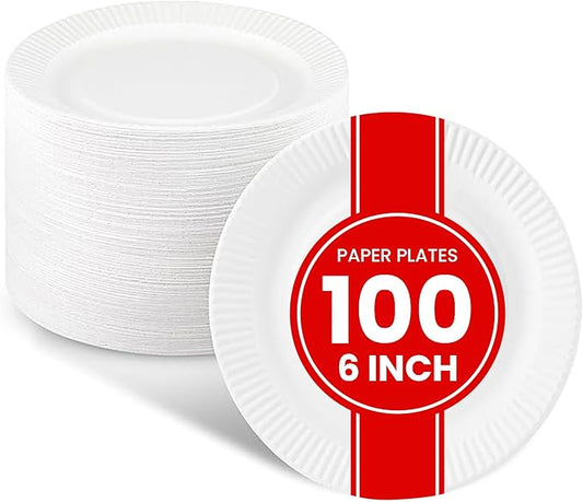 Small Paper Plates - [100-Pack] - (6-Inch Round) - White 6 Inch Paper Plates, Lightweight Uncoated Disposable Plates - For Crafts, Events, Projects, Dry Foods & General Use