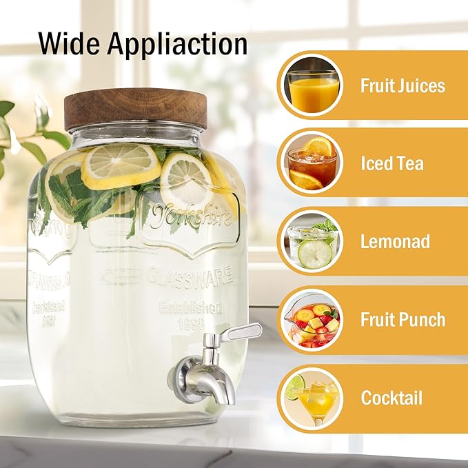 Mustry Glass Drink Dispenser for Parties, 1 Gallon Beverage Dispenser with Stand and Spigot Solid Stainless Steel, Used as Lemonade Dispenser Sun Tea Jar Kombucha Jar