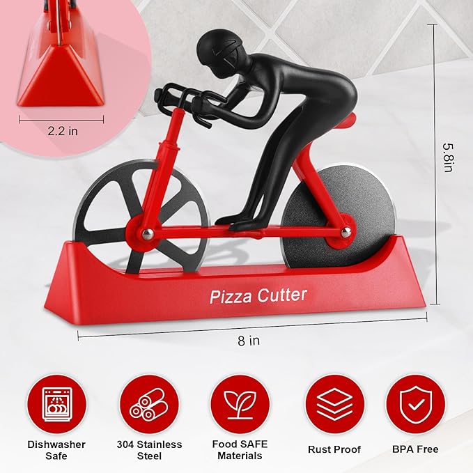 Bike Pizza Cutter,Bicycle Pizza Slicer,Stainless Steel Pizza Cutter Wheels with Stand,Unique Kitchen Gadget,Gifts for Cyclists Men,Cool Men’s Gift