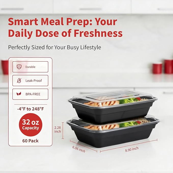60 Pack 32 oz Meal Prep Containers Reusable, Plastic Food Storage Container with Lids,Leakproof To Go Lunch Boxes, BPA-Free,Freezer, Microwave, Dishwasher Safe Take Out Containers