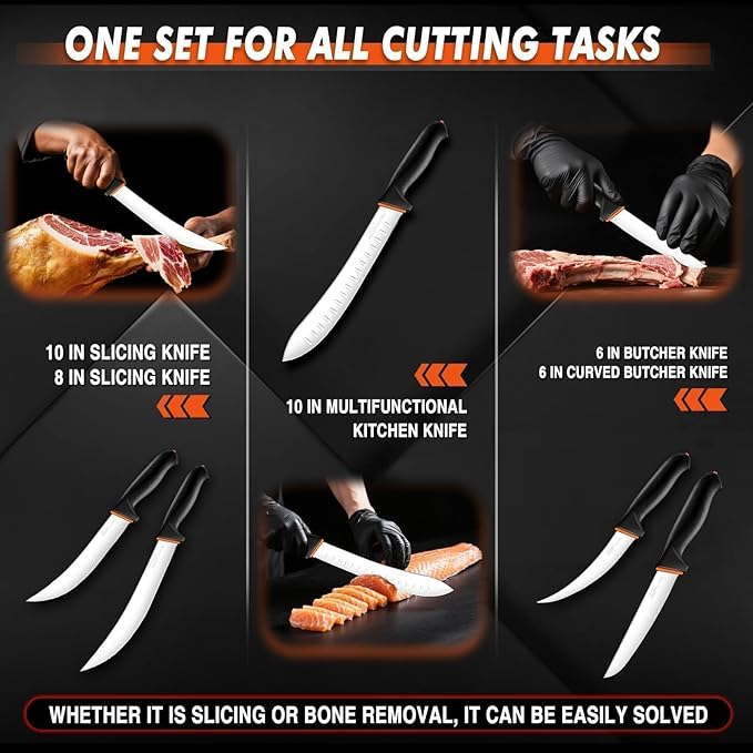TIVOLI 6 PCS Butcher Knife Set - Game Processing Knife Set with 7" Sharpener Rod - Non-Slip Softgrip & German Stainless Steel - Skinning Boning Trimming Poultry Knives for Meat Cutting
