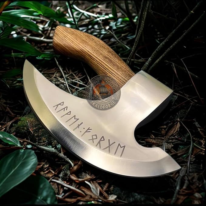 Viking Pizza Cutter Axe with Leather Sheath, Rune Engraving Carbon Steel Blade with Ash Wood Handle, Pizza Slicer Unique Tool for Kitchen & BBQ, Best Gift for Men and Women