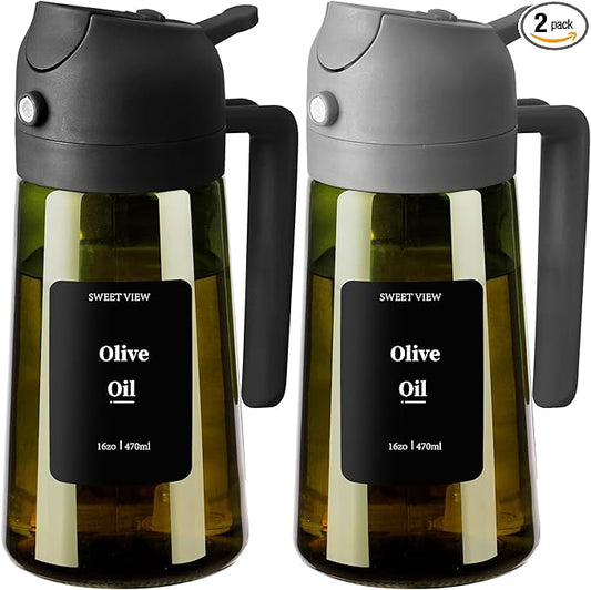 2PCS Olive Oil Dispenser and Oil Sprayer – 16oz/470ml Glass Light-Proof Oil Pourer for Kitchen Air Fryer, Cooking, Salad, and BBQ, with Stickers