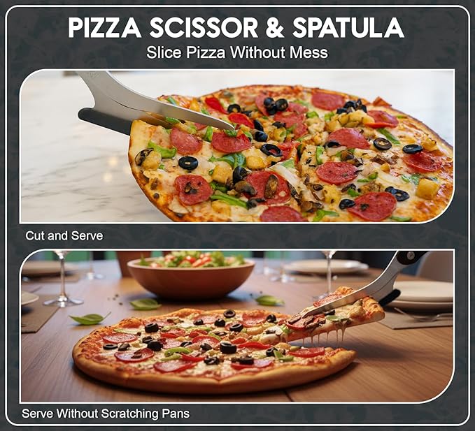 Pizza Scissors with Non Stick Slice Server. Sharp Pizza Cutting Without Topping Mess.Firm Grip, Food Grade Stainless Steel Pizza Cutter. Dishwasher Safe. 4 in 1 Kitchen Tool