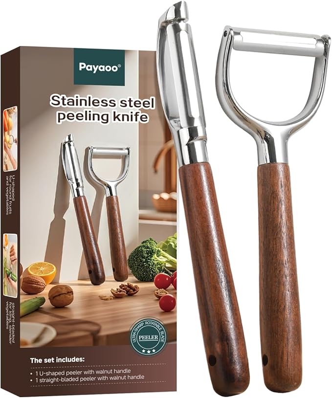 2-Piece Swivel Vegetable Fruit potato peelers Set - Straight + U-Shaped Blades with Solid Walnut Non-Slip Handles, Easy Peeling (Apples, Pears, Potatoes, Carrots, Cucumbers), Kitchen Tool Kit
