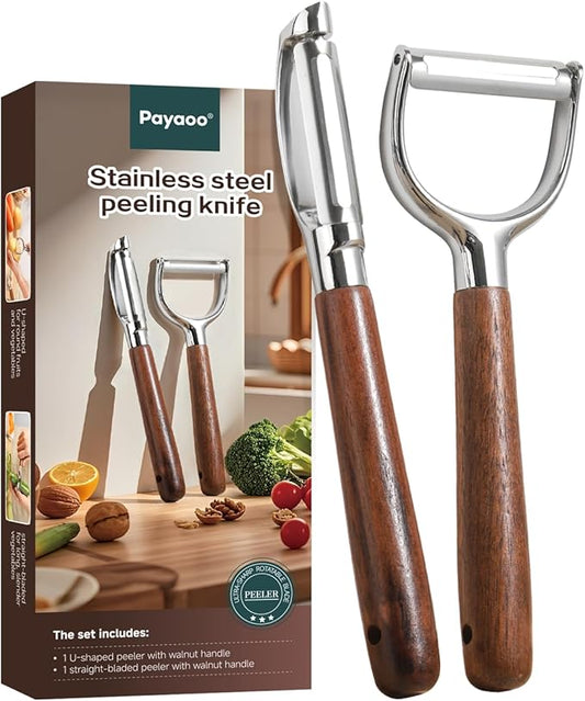 2-Piece Swivel Vegetable Fruit potato peelers Set - Straight + U-Shaped Blades with Solid Walnut Non-Slip Handles, Easy Peeling (Apples, Pears, Potatoes, Carrots, Cucumbers), Kitchen Tool Kit