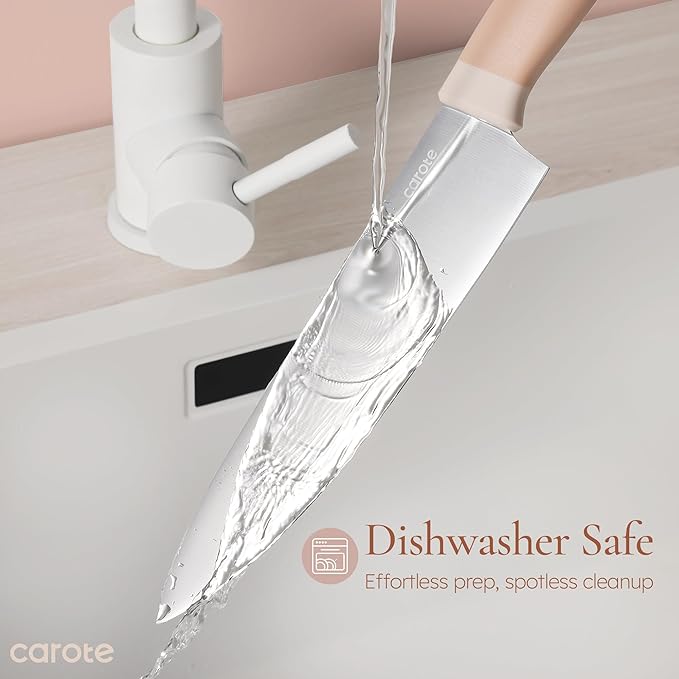 CAROTE 9 Pieces Kitchen Knife Block Set with Sharpener, Dishwasher Safe Knives for Kitchen, Forged Cutlery with Razor-Sharp Stainless Steel Blades, Pink