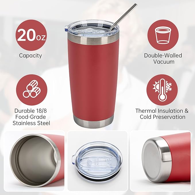 IEOVIEE 32 Pack, 20oz Stainless Steel Bulk Tumblers with Lids and Straws, Double Wall Insulated Travel Coffee Mug, Durable Powder Coated Tumbler Bulk Cup for Cold and Hot Drinks(Red)
