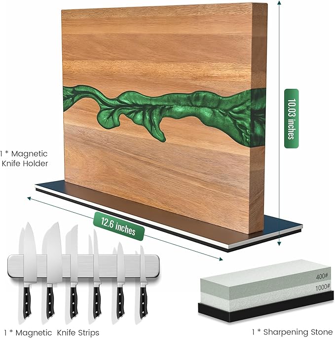 Magnetic Knife Block with Sharpening Stone and Stainless Steel Magnetic Knife Strip, Emojoy Double Side Magnetic Knife Holder, Acacia Wood Knife Block and Green Resin