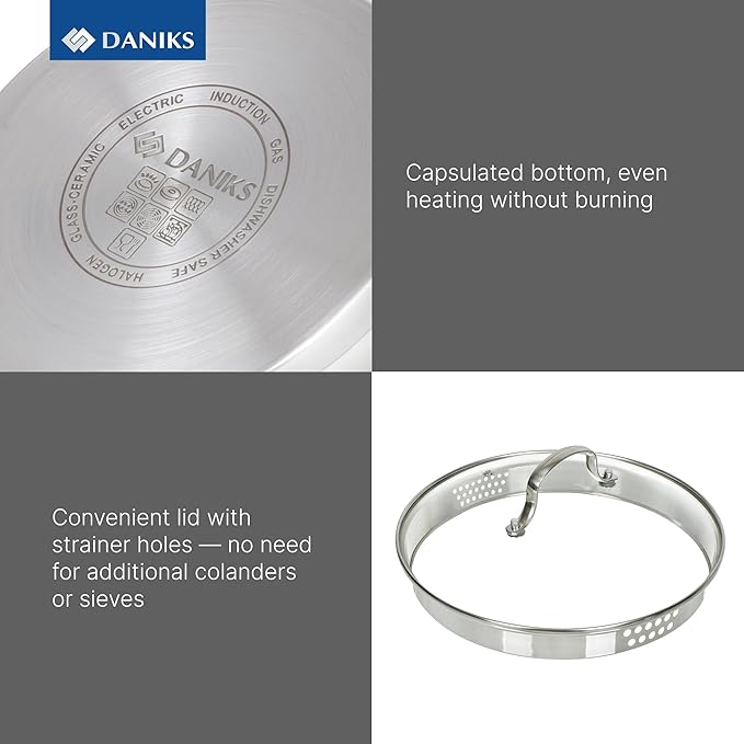 Daniks Tokio Stainless Steel Stock Pot 2 Quart, with Glass Strainer Lid, Induction Ready, Dishwasher Safe, Measuring Scale, Silver