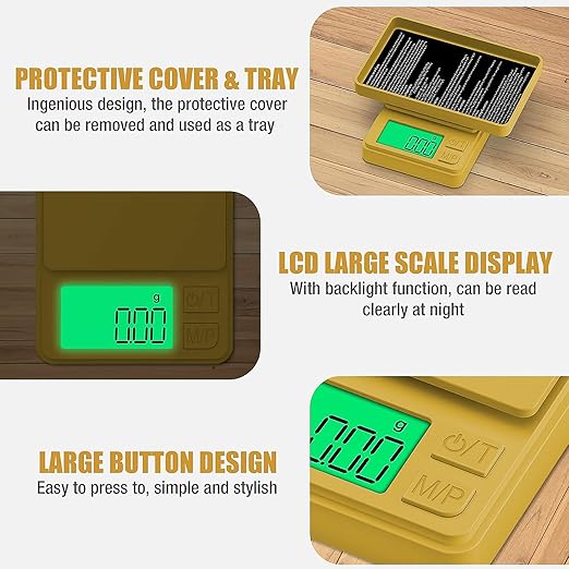 1000g x 0.01g Precision Gram Scale, Diyife Pocket Scale with Protective Cover, 7 Units, Backlit LCD, Tare Function, Digital Jewelry Scale for Gold, Gem, Battery Included, Gold