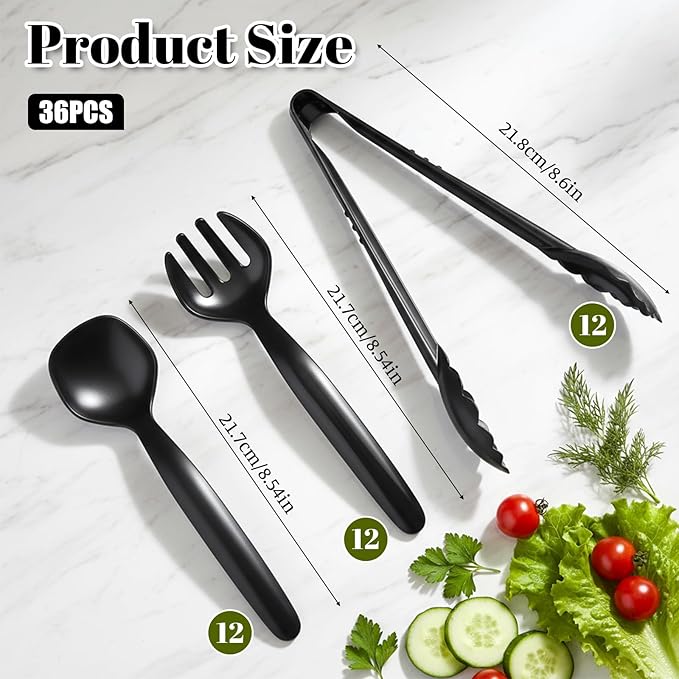 36 Pcs Black Plastic Serving Utensils Set, 9'' Disposable Serving Spoons Forks Tongs for Servings Food Heavy Duty Party Utensils for Dinner Parties Buffets Banquets Birthday Weddings Daily Use