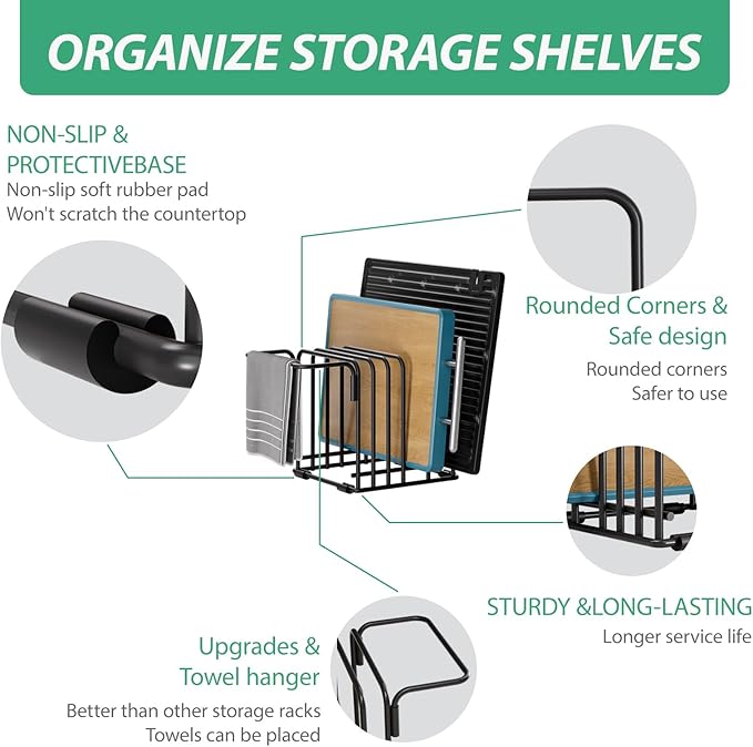 Cutting Board Organizer,5-Slot Steel Kitchen Storage Rack for Cutting Boards, Baking Trays,towel,and Thin Pans-Space-Saving Kitchen Storage (Black, 2 Pack)