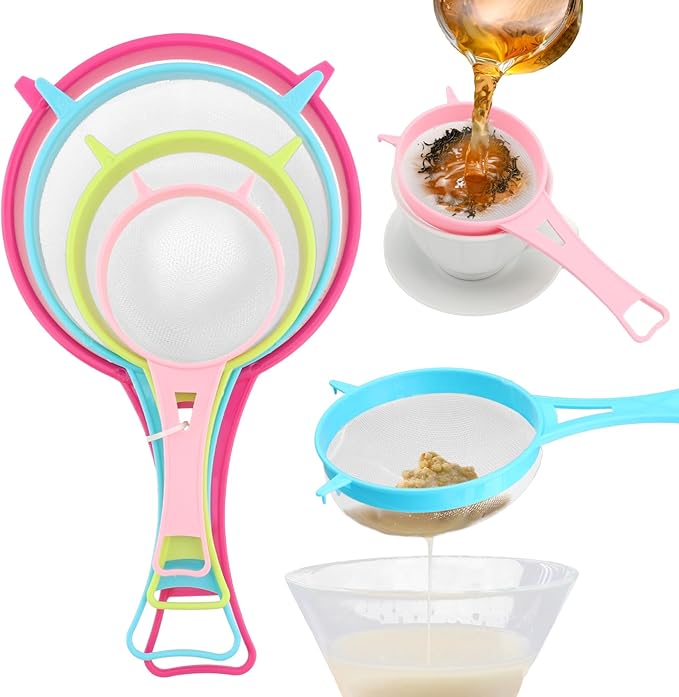 4Pcs/Set Fine Mesh Strainer Set, Kitchen Plastic Flour Colander Set, Solid-Liquid Separator Gadget with Non Slip Handles, for Yogurt Baking Kitchen Kefir Tea Juice Pasta(size:4pcs/set)