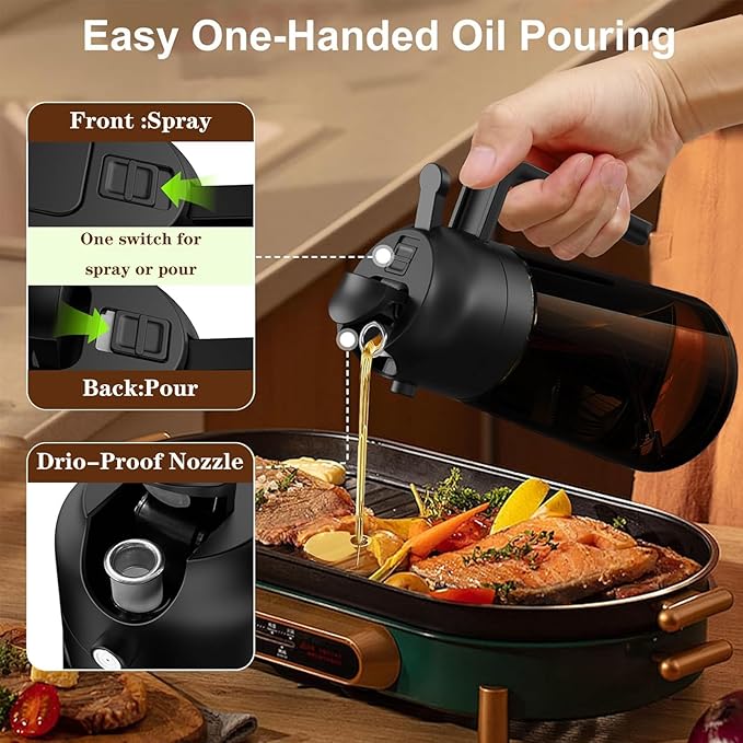2 in 1 Oil Sprayer for Cooking, 16oz Olive Oil Dispenser Bottle for Kitchen, Food Grade Light-Blocking Leak Proof Glass Spray Bottle for Salad, Air Fryer, BBQ