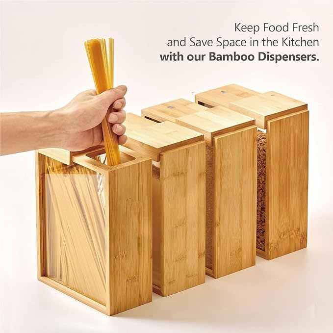 Dry Food Dispenser 2L, Bamboo Food Dispenser – Airtight Kitchen Storage Container for Cereal, Rice, Flour, and Snacks – Pantry Organizer for Easy Dispensing and Freshness