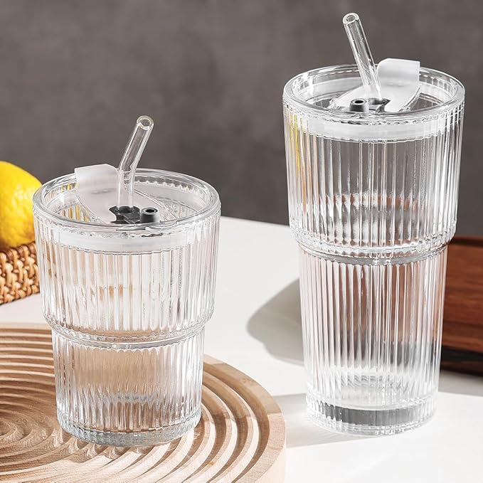 Ribbed Drinking Glasses with Lids & Straws, Leak-Proof 20oz and 15oz Glass Cups, 2PCS Glass Tumblers, Ideal for Home, Office, Outdoor Use