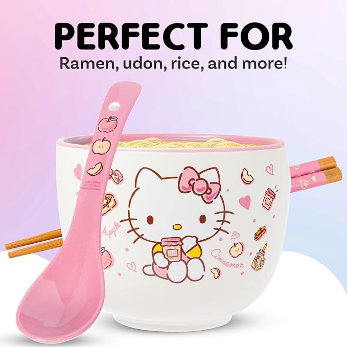 Silver Buffalo Sanrio Hello Kitty Apples and Cinnamon Ceramic Ramen Noodle Rice Bowl with Chopsticks and Spoon, Microwave Safe, 20 Ounces