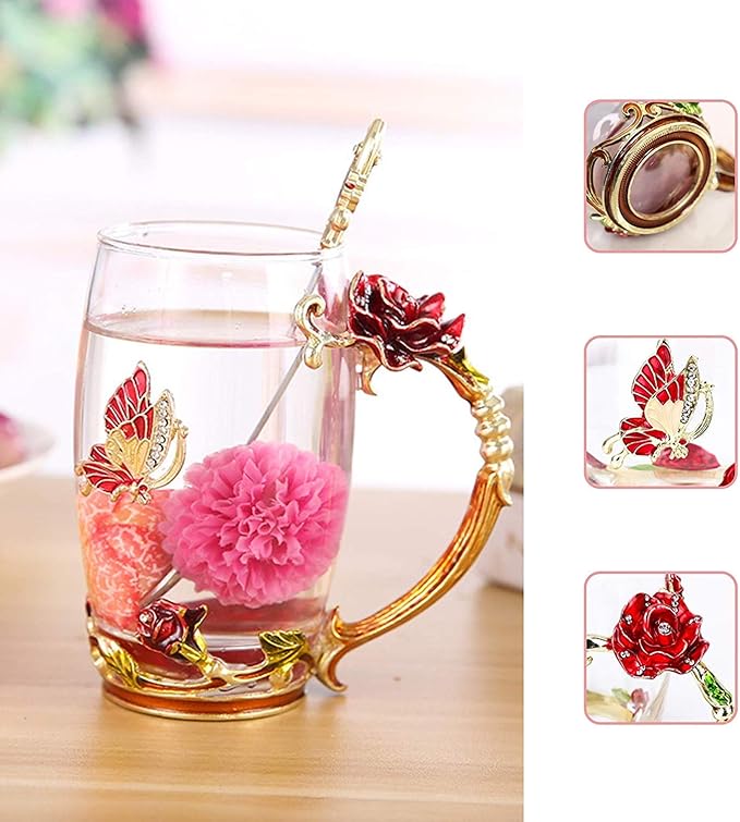 Birthday Gifts For Women,Enamel Butterfly Flower Glass Tea Cup Rose Red Coffee Mug,Cute Gifts For Mom Grandma Women Wife Female Friend on Mothers day Anniversary Christmas Valentines