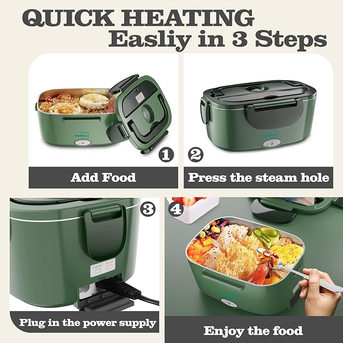 Buddew Electric Heated Lunch Box for Adults - 80W Fast Heating, 1.5L Food-Grade Stainless Steel, 12V/24V/110V Portable Food Warmer for Work Travel Car, Lonchera Electrica Portatil