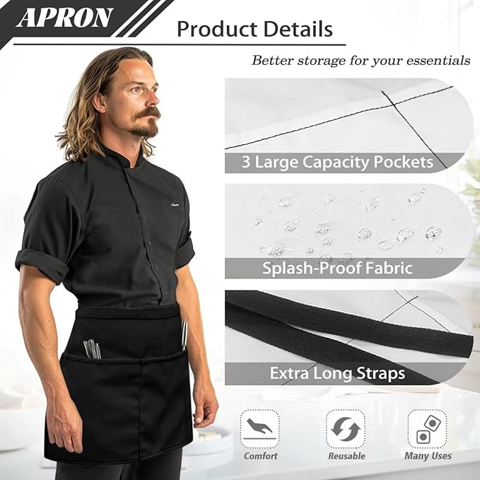 Server Waitress Waist Apron with 3 Pockets, Short Aprons for Servers,Waiter Apron For Waiter Accessories