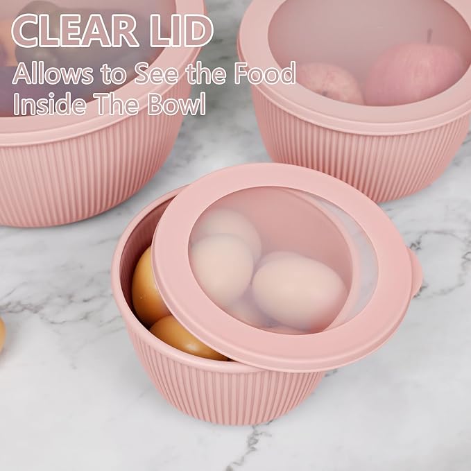 BoxedHome Mixing Bowls with Lids Set, 4 Packs BPA-Free Plastic Prep Bowls for Kitchen, Dishwasher & Microwave Safe, Pink