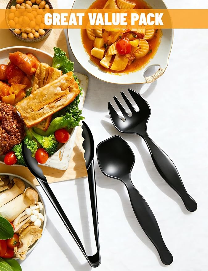 30PCS Disposable Plastic Serving Utensils for Parties, Buffet Serving Utensils Set-10 Black Plastic Serving Spoons, 10 Tongs and 10 Forks for Catering, Entertaining and Parties