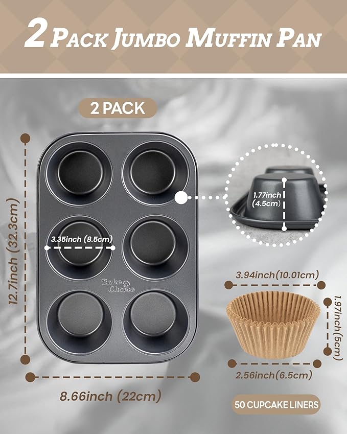 2 Pack Jumbo Muffin Pan for Baking, Extra Large Cupcake Pan includes 50 Natural Jumbo Cupcake Liners, Muffin Tin Nonstick 6 Cup, Baking Pans Set, Carbon Steel Baking Supplies