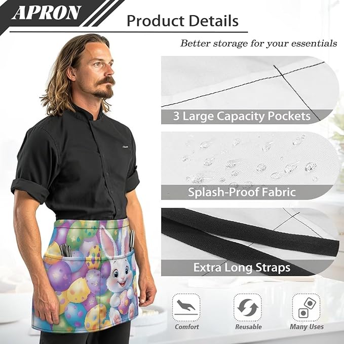 Server Waitress Waist Apron with 3 Pockets, Short Aprons for Servers,Waiter Apron For Waiter Accessories