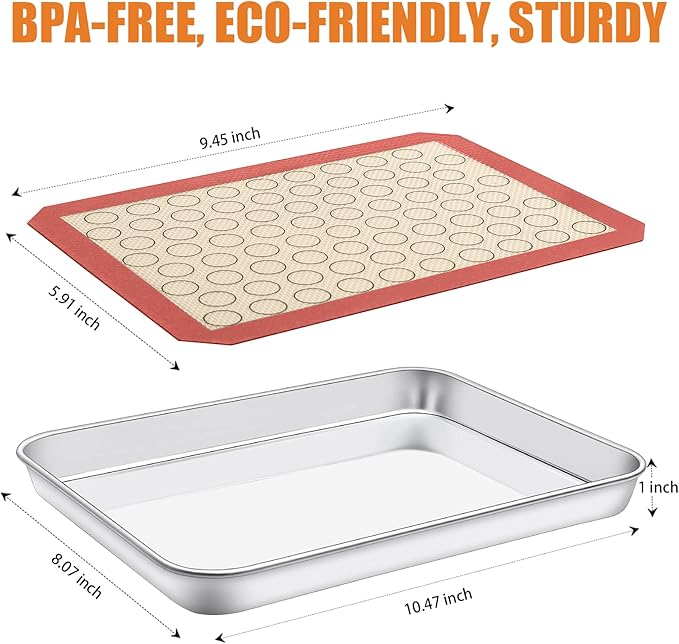 Baking Sheet with Silicone Mat Set of 4 [2 Sheets + 2 Mats], Deedro Stainless Steel Cookie Sheet Baking Pan with Silicone Baking Mat, 10 x 8 x 1 Inch, Non Toxic, Heavy Duty, Easy Clean