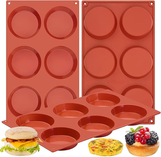 3 Pack Silicone Egg Molds for Breakfast Sandwiches, 3 Inch Non-Stick Round Muffin Top Pans for Baking Egg Bites, Whoopie Pies, Corn Bread, Tarts