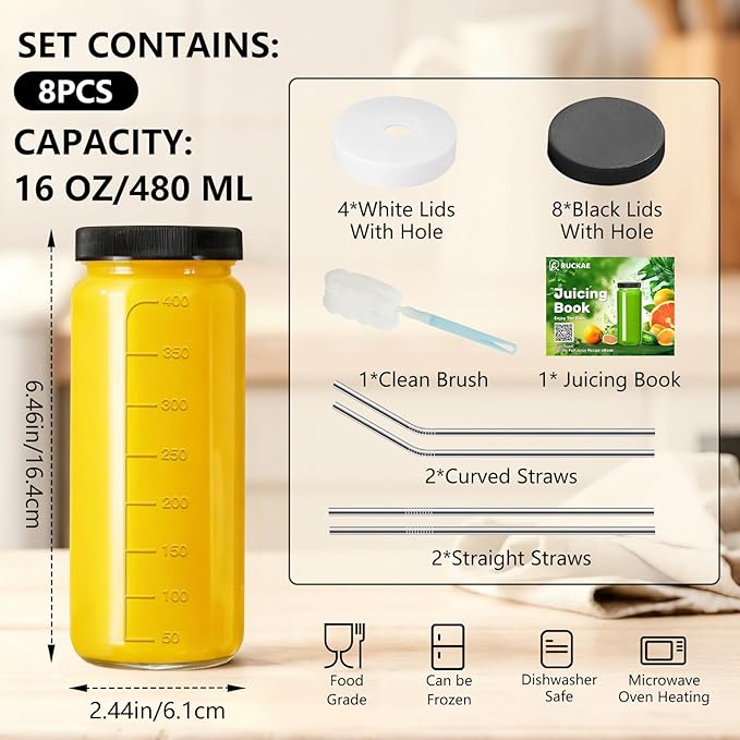 Ruckae 16oz 8 Pack Juice Bottles, Glass Bottles Juicing with Lids, Smoothie Cup Lids and Straws, Water Bottle Mason Jar Drinking Glasses for Juicing, Smoothies, Kombucha