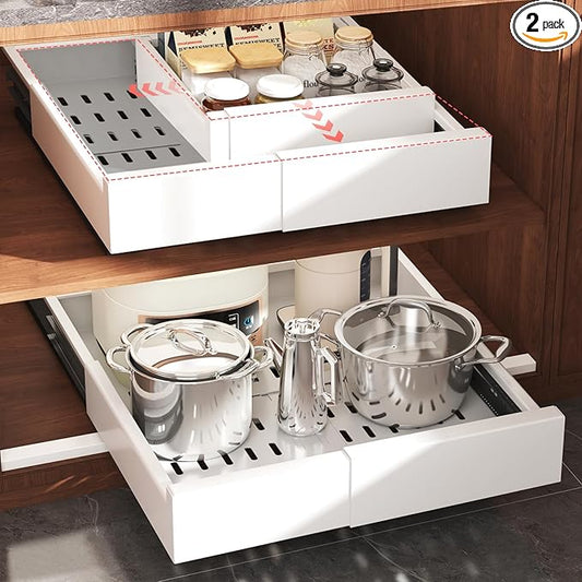 2 Pack Pull Out Cabinet Organizer Expandable Width(11"-16") and Depth(13"-17"),Slide Out Drawers With Raising Pad for Framed Cabinets,No Drill Roll Out Shelves for kitchen,Bathroom,White