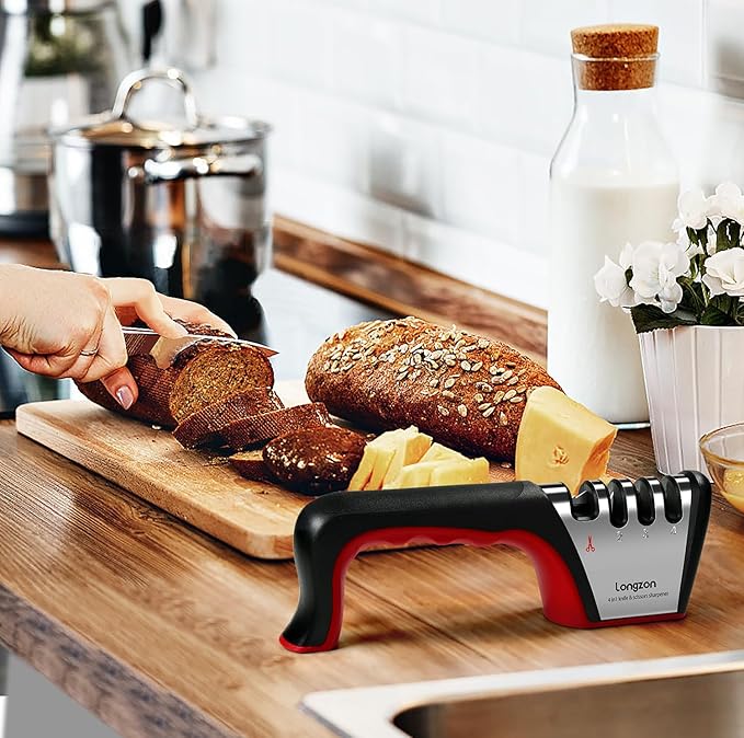 Longzon 4-in-1 Knife Sharpener [4 Stage] with a Pair of Cut-Resistant Glove, Original Premium Polish Blades, Best Kitchen Knife Sharpener Really Works for Fruit and Steel Knives, Scissors-Black+Red