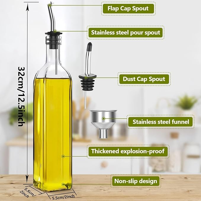 Olive Oil Dispenser Bottle, Vinegar Cruet Bottle 17oz/500 ml, Square Tall Glass Oil Container with 2 Stainless Steel Pourers, 4 Labels,1 Brush and 1 Funnel Oil Bottles for Kitchen(2 Set)