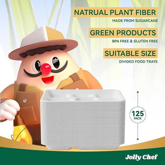 JOLLY CHEF Compostable 𝟱 Compartment Paper Plates 10*8.25*1 𝗶𝗻𝗰𝗵 [𝟭𝟮𝟱 𝗣𝗮𝗰𝗸] Small Heavy Duty Divided Disposable White Eco-Friendly Biodegradable Food Tray for School Lunch Dinner Christmas