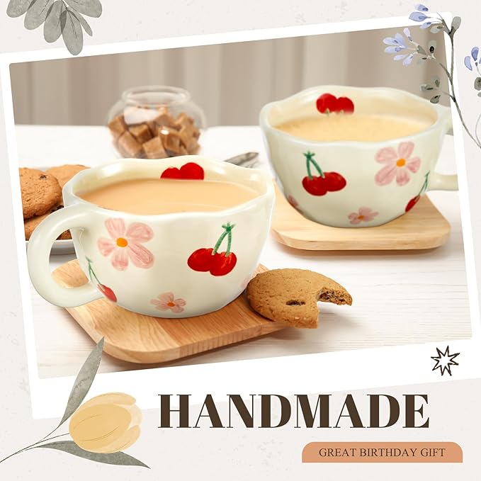 Vesici 2 Pcs Ceramic Coffee Mugs with Spoon, Vintage Floral Spring Mugs with Handle, 8.5 oz Aesthetic Flower Porcelain Tea Cup Set, Dishwasher & Microwave Safe for Home Office Gift(Cherry)