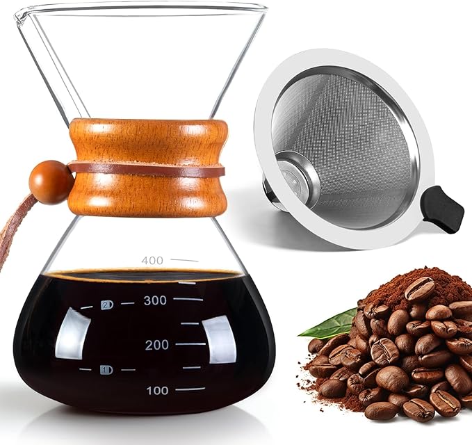 Pour Over Coffee Maker with Stainless Steel Filter, Pour Over Coffee,Pour Over Coffee Dripper, 13.5 OZ, Drip Coffee Maker, High Heat Resistant Carafe, also for Camping, Hiking