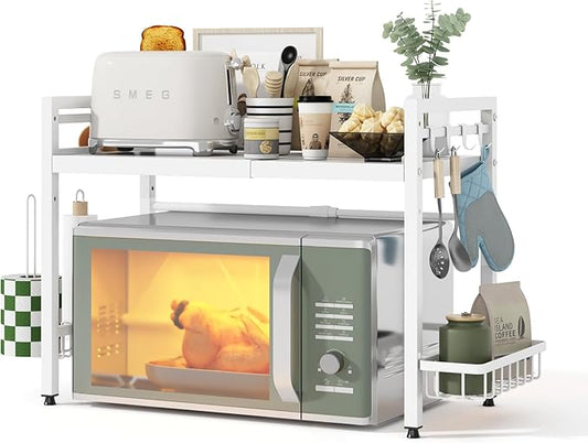 NETEL Expandable Microwave Stand,2 Tier Metal Kitchen Countertop Organizer Shelves with Paper Towel Holder and Baskets,Bakers Rack,Microwave Shelf,Microwave Oven Rack,55lbs Weight Capacity,White