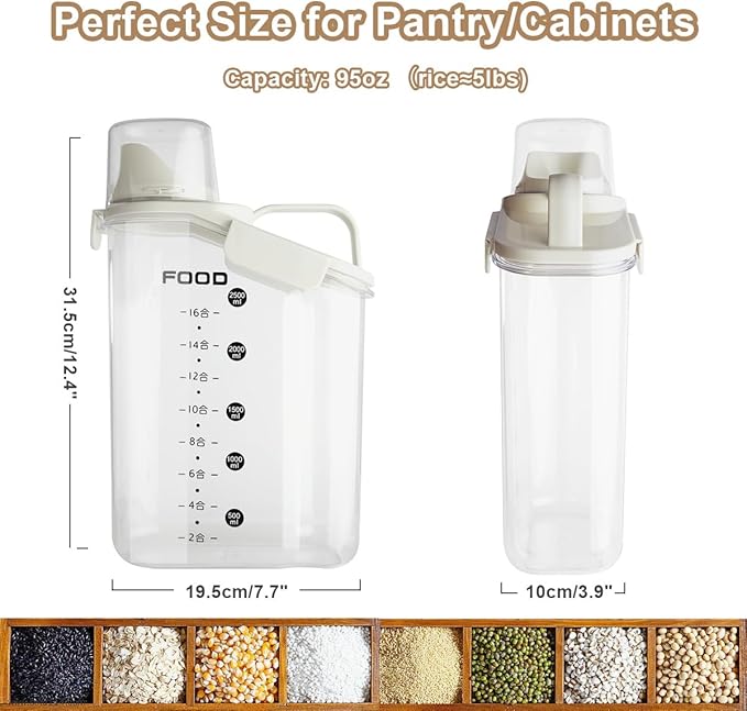 2 PCS Airtight Storage Containers, 2.8L/95fl.oz Cereal Rice Holder, Dog Cat Food Dispenser with Measuring Cup, BPA Free Clear Plastic Kitchen Pantry Organization Bin, 1 Blue+1 White