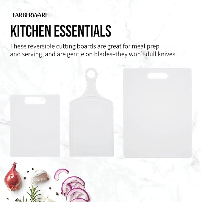 Farberware 3-Piece Plastic Cutting Board Set, Dishwasher-Safe Poly Chopping Board for Kitchen with Paddle, Charcuterie Board Set, White