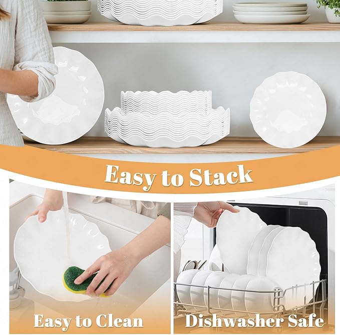 LIYH 50 Pcs White Scalloped Plastic Plates Reusable - Unbreakable Plastic Plates for Weddings Party Outdoor Picnics Dishwasher Safe BPA Free Easter (25Guests)