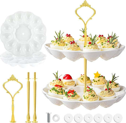 2 Tier Ceramic Easter Deviled Egg Platter 24 Hole Deviled Egg Tray Container, Detachable Eggs Holder Tower for Easter Party Food Container for Kitchen Countertop Microwave Dishwasher Freezer