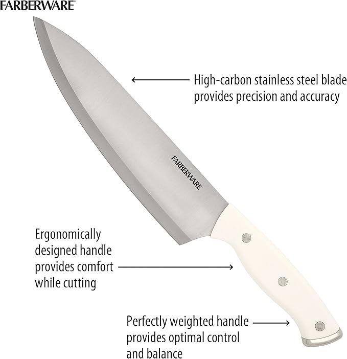 Farberware Edgekeeper Triple Riveted Knife Block Set with Built in Sharpener, 14-Piece, White