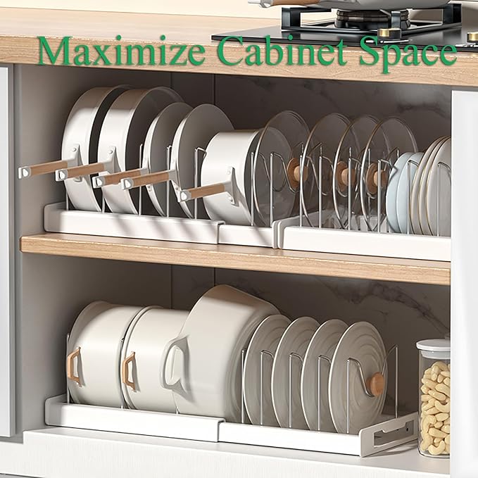 Pots and Pans Organizer Under Cabinet Pot Rack: Expandable Pot Lid Holder with 7 Adjustable Dividers for Kitchen Storage Cutting Boards, Bakeware, Lid, Black