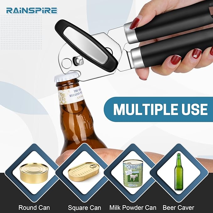 Rainspire Upgraded Can Opener Manual with Bottle Opener Smooth Edge Cut, Can Opener Heavy Duty, Comfortable Soft Handle, Built-in Bottle Opener, Black