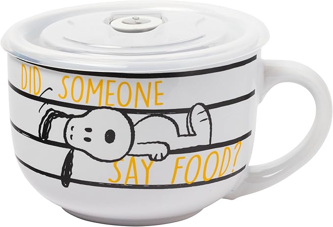 Silver Buffalo Peanuts Snoopy and Woodstock Did Someone Say Food Ceramic Soup Mug with Vented Plastic Lid, 24 Ounces
