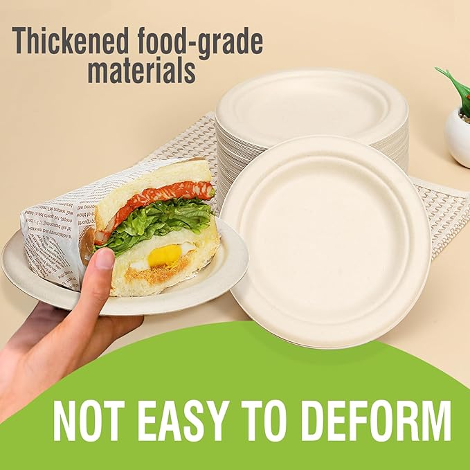 Disposable Small Paper Plates 6 Inch (Brown) - 100 Counts Heavy Duty Natural Bagasse Plates, Compostable & Leak-Proof, Microwave Safe for Birthday Party Desserts & Appetizer & Picnic Snacks, BBQ