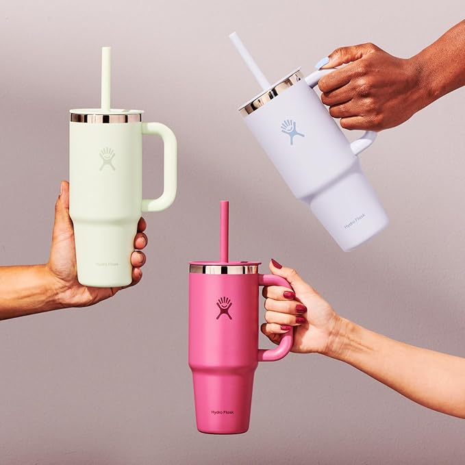 Hydro Flask Travel Tumbler with Handle, Lid and Straw - Insulated Stainless Steel in 24 Oz Botanical Bliss Agave
