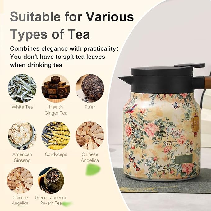 Insulated Tea Pots,Vintage Floral Pattern Tea Pot-Built-in Infuser,Colorful Vintage Floral Pattern Teas,Stainless Steel Teapot 1000mL with Lid for Hot Drinks,Brown(Wooden Handle,35OZ)